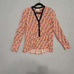 Vanessa Virginia‎ Anthropologie Tiger Print Roll Tab Sleeve Blouse Orange Blue 6